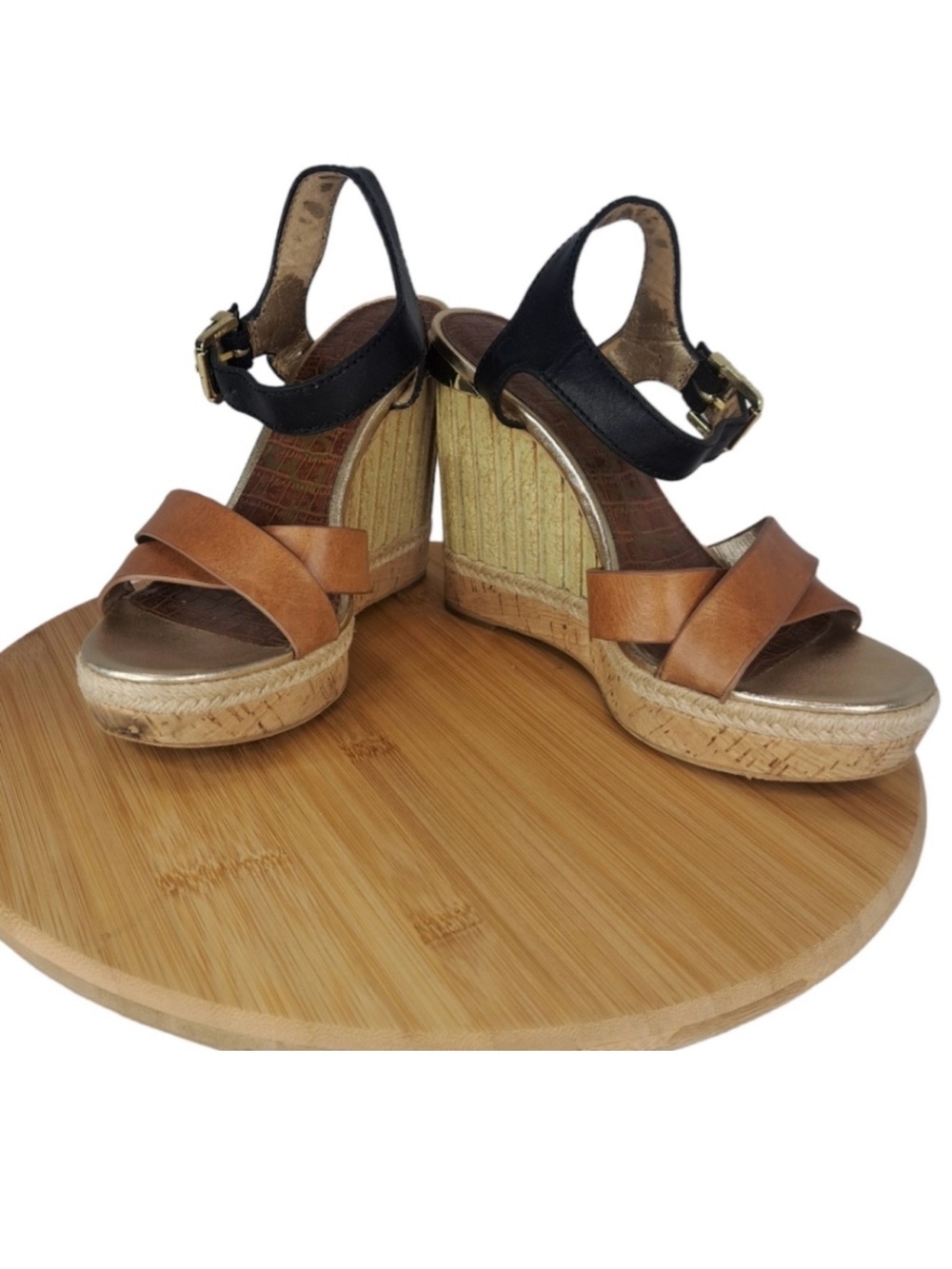 Sam Edelman Two-Tone Leather Wedge Sandals in Tan and Black
